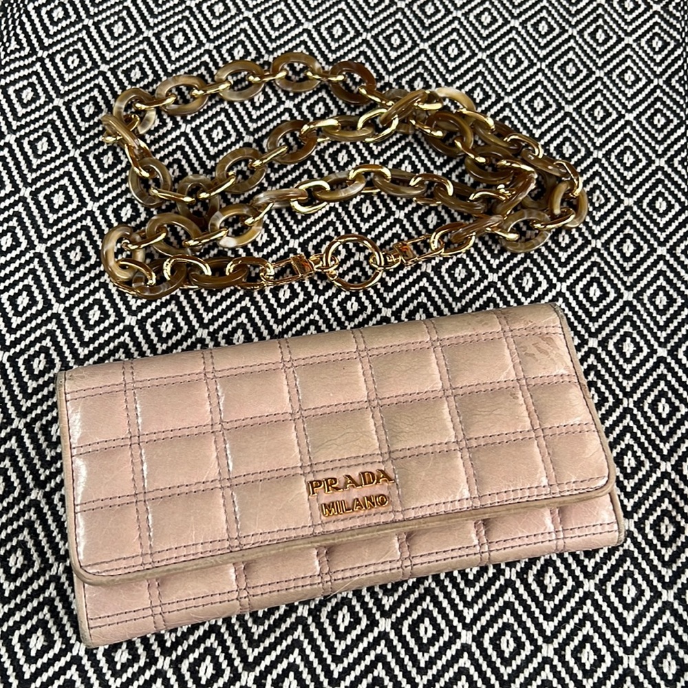 PRADA Long Wallet Card Case Purse Clutch Pink Quilted Acrylic Chain Authentic - Picture 4 of 14